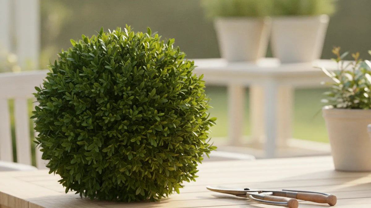 Frisch geschnittene Buchsbaumkugel im Garten