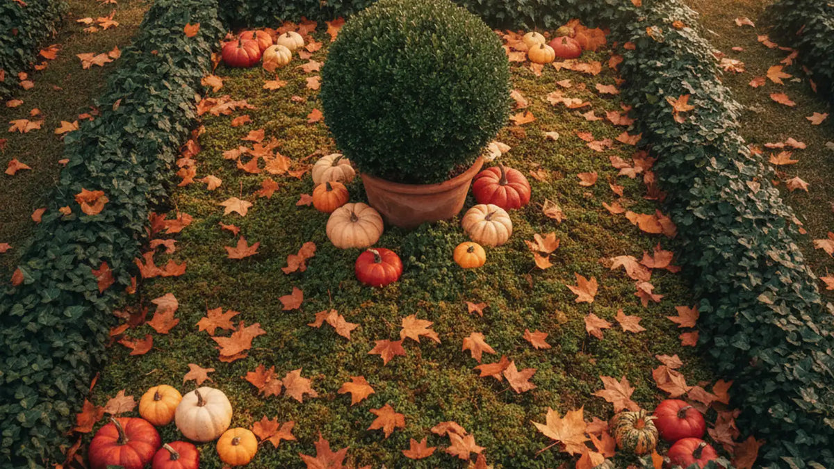 Herbstlich bepflanztes Grab mit Efeu-Rahmen und Buchsbaum als Akzent