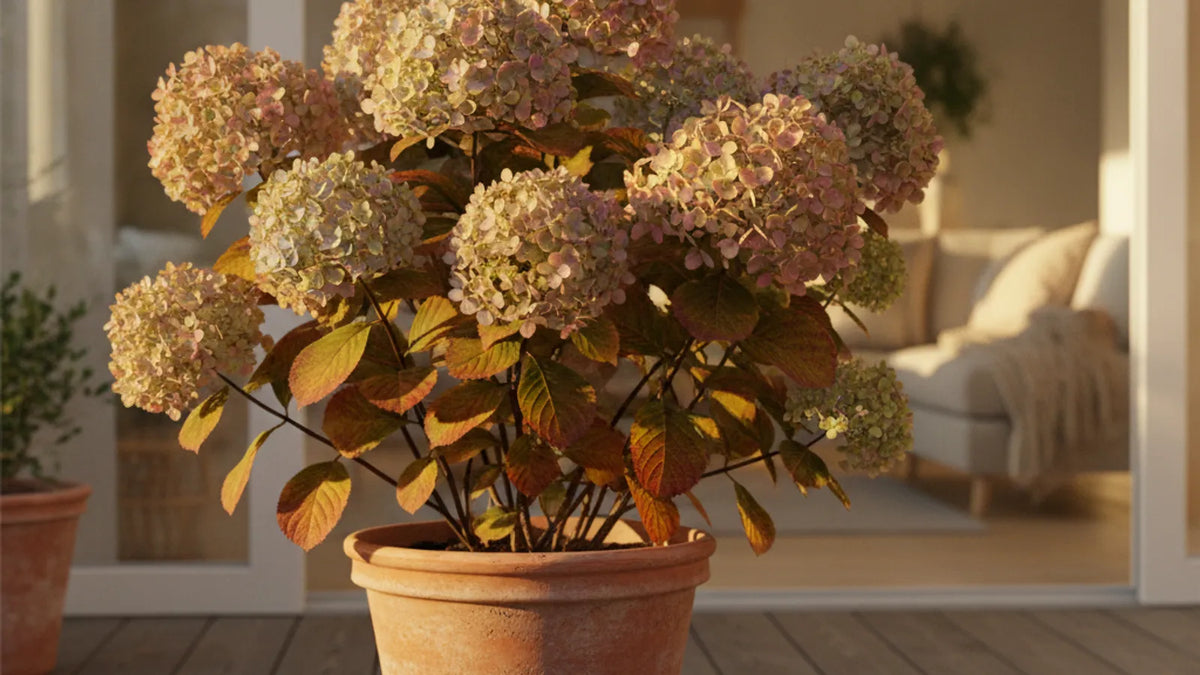 Hortensie im Kübel auf der Terrasse im Spätherbst vor dem Überwintern