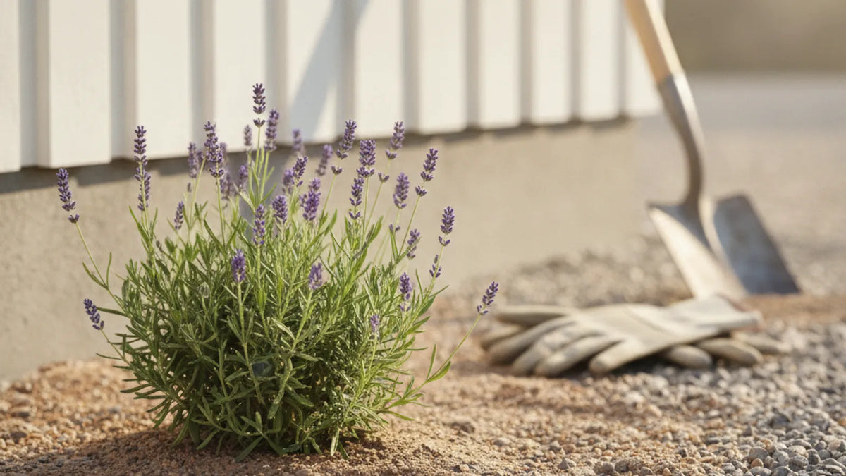 Frisch gepflanzter Lavendel in durchlässiger Erde an sonniger Hauswand