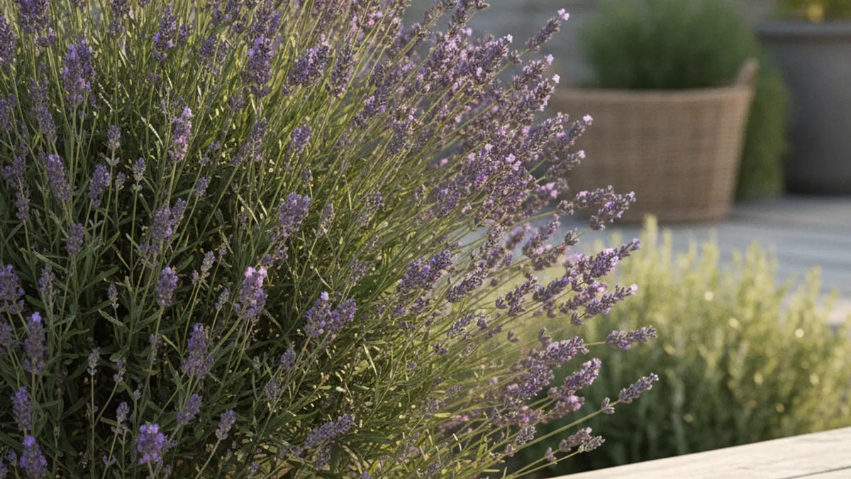 Lavendelbusch im Garten mit Gartenschere beim Rückschnitt