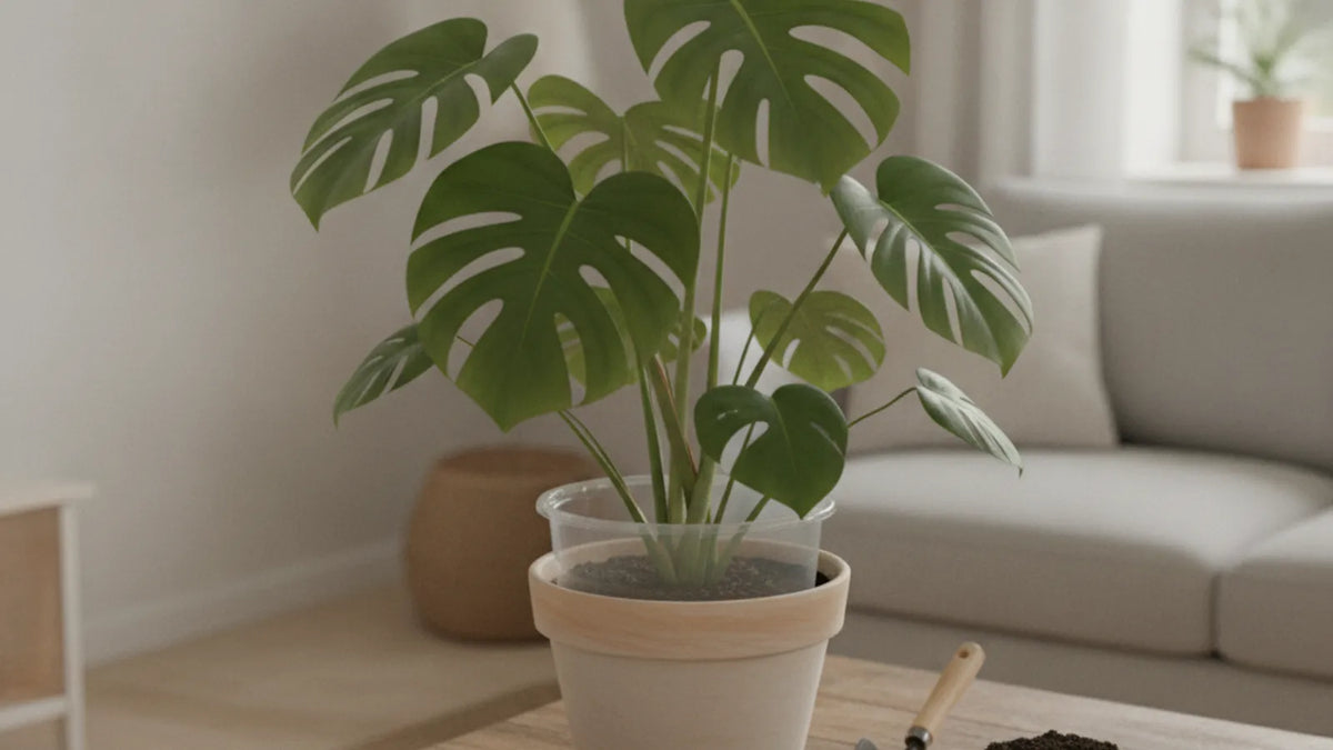 Monstera wird in einen neuen Terrakottatopf mit frischer Erde umgetopft