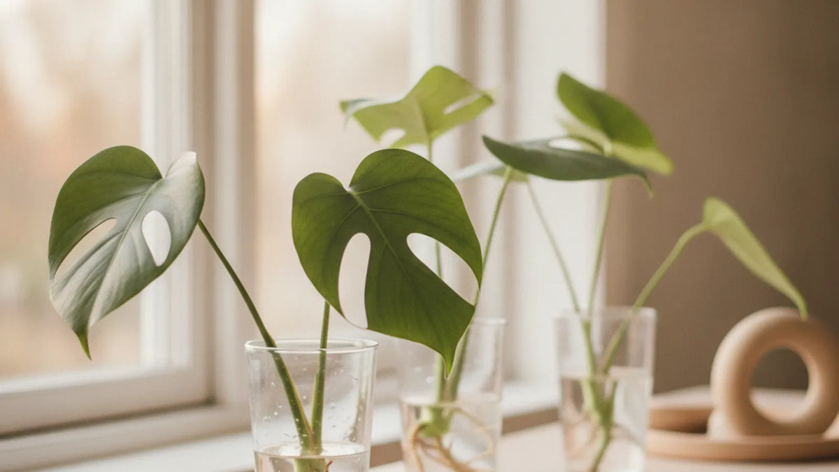 Monstera-Stecklinge mit Luftwurzeln in Wassergläsern zum Vermehren