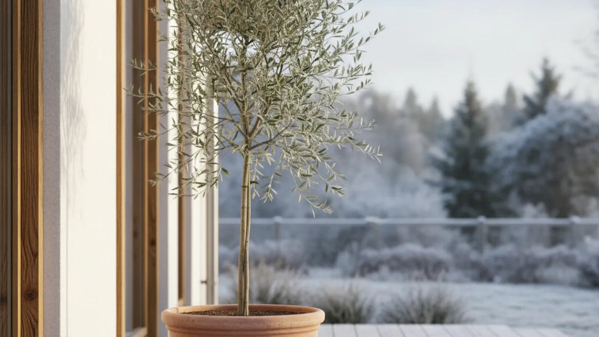 Olivenbaum im Kübel mit Raureif an sonniger Hauswand im Winter