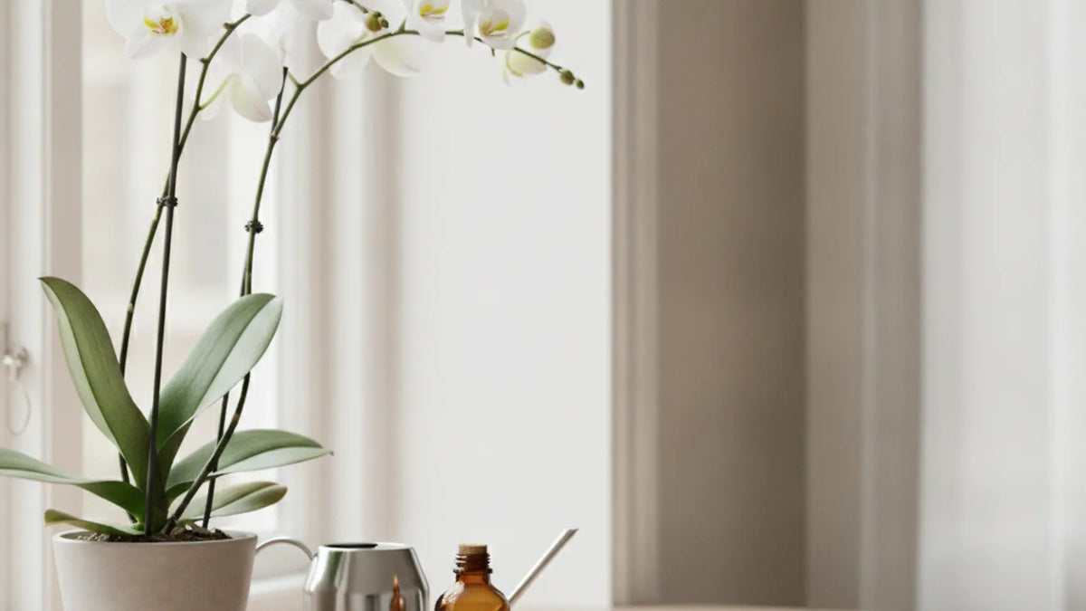 Orchidee auf der Fensterbank wird für das Düngen vorbereitet