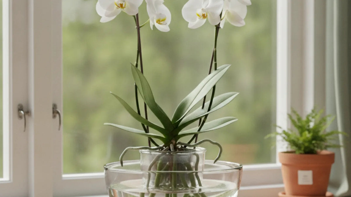 Orchidee im durchsichtigen Topf beim Tauchbad auf heller Fensterbank
