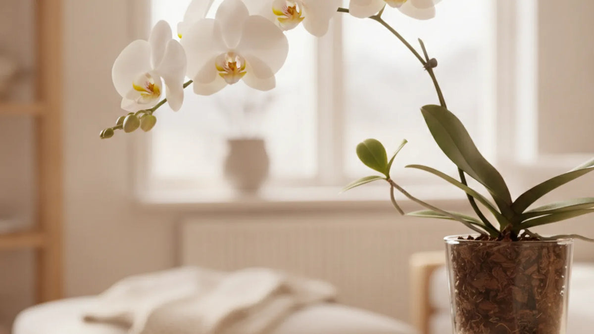 Orchidee mit kleinem Kindel am Blütenstiel im hellen Zimmer