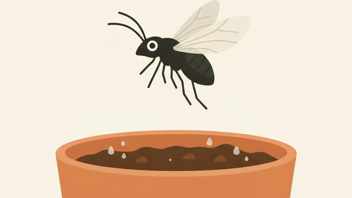 Illustration einer Trauermücke über feuchter Blumenerde