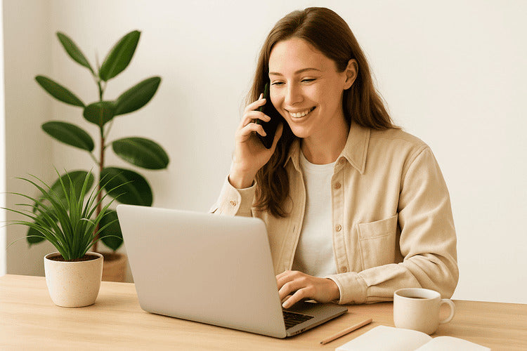 Lächelnde Frau am Laptop, daneben Zimmerpflanzen