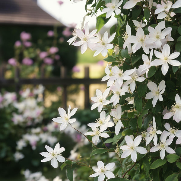 Immergrüne Waldrebe ‚Apple Blossom' – Clematis armandii – Ansicht 4