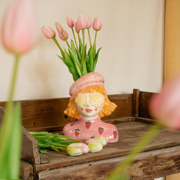 Deko-Set „Erdbeermädchen" – Vase mit 10 Real-Touch-Kunsttulpen