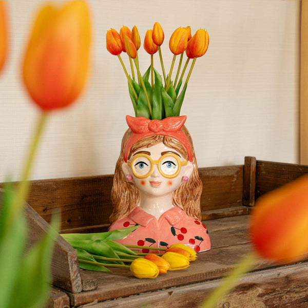 Deko-Set „Jessie" – Strickvase mit 10 Real-Touch-Kunsttulpen Orange