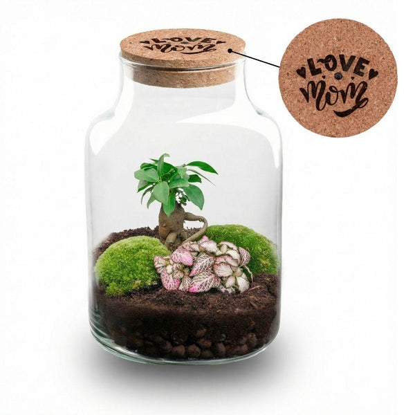 Flaschengarten-Set „Love Mom Little Milky“ – DIY-Terrarium mit graviertem Korken und Licht